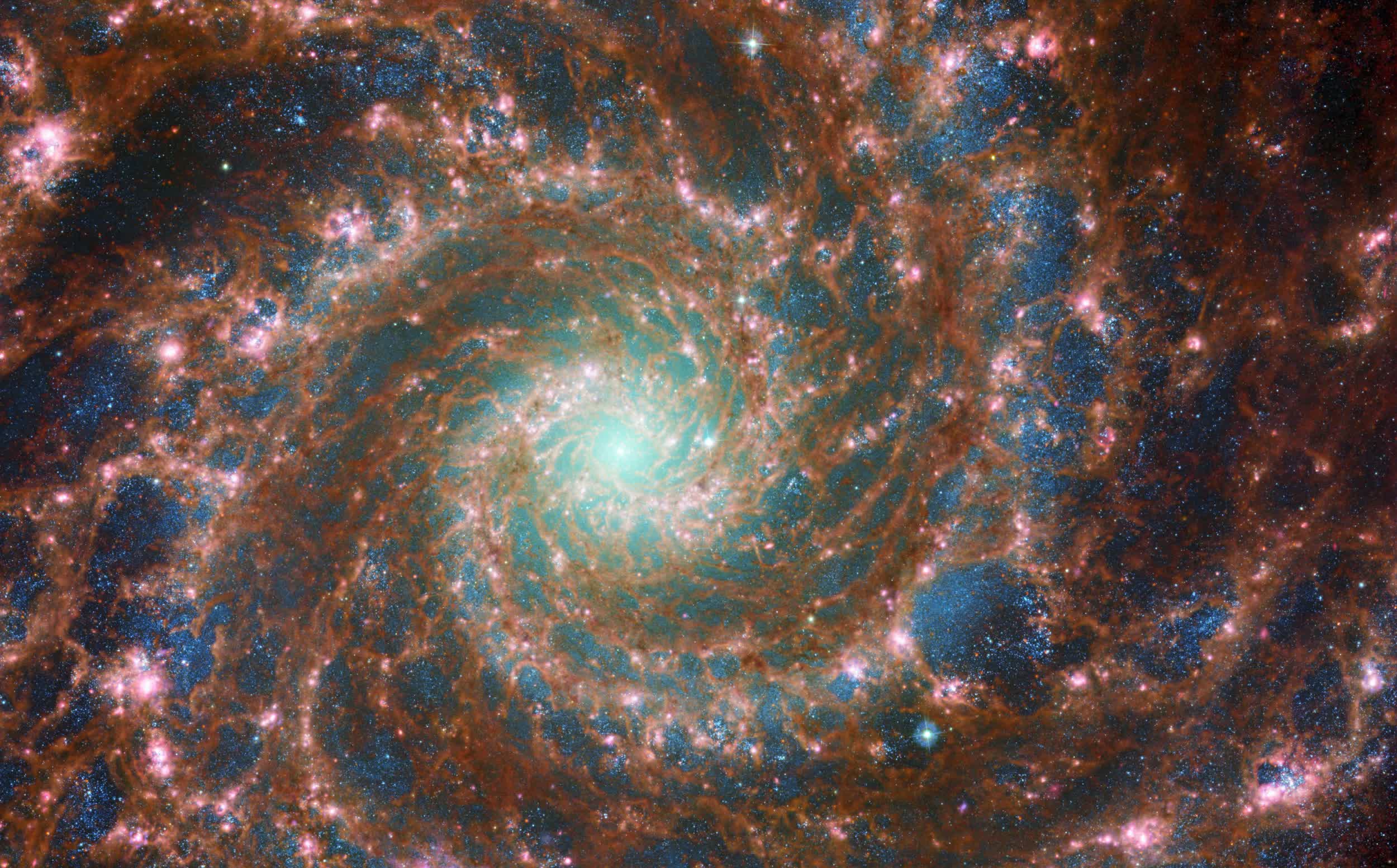 Webb and Hubble team up on multi-spectrum image of Phantom Galaxy